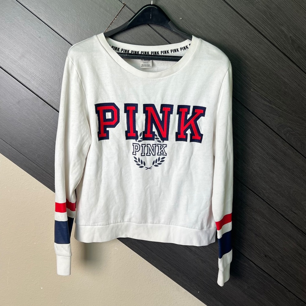 PINK Victoria's Secret Womens Logo Sweatshirt Large White Varsity Athleisure